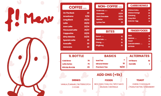 F! Coffee menu board with coffee, non-coffee drinks, bowls, bites and finger foods